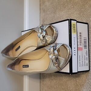 Alex Marie Gold Leather Wedge Shoes Peep Toe Shiny Beaded